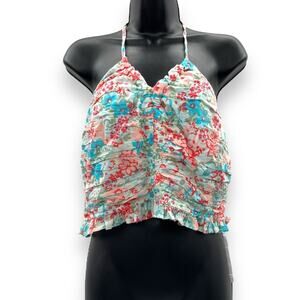 American Eagle White Multicolor Smocked Halter Neck Crop‎ Top Sz L NEW